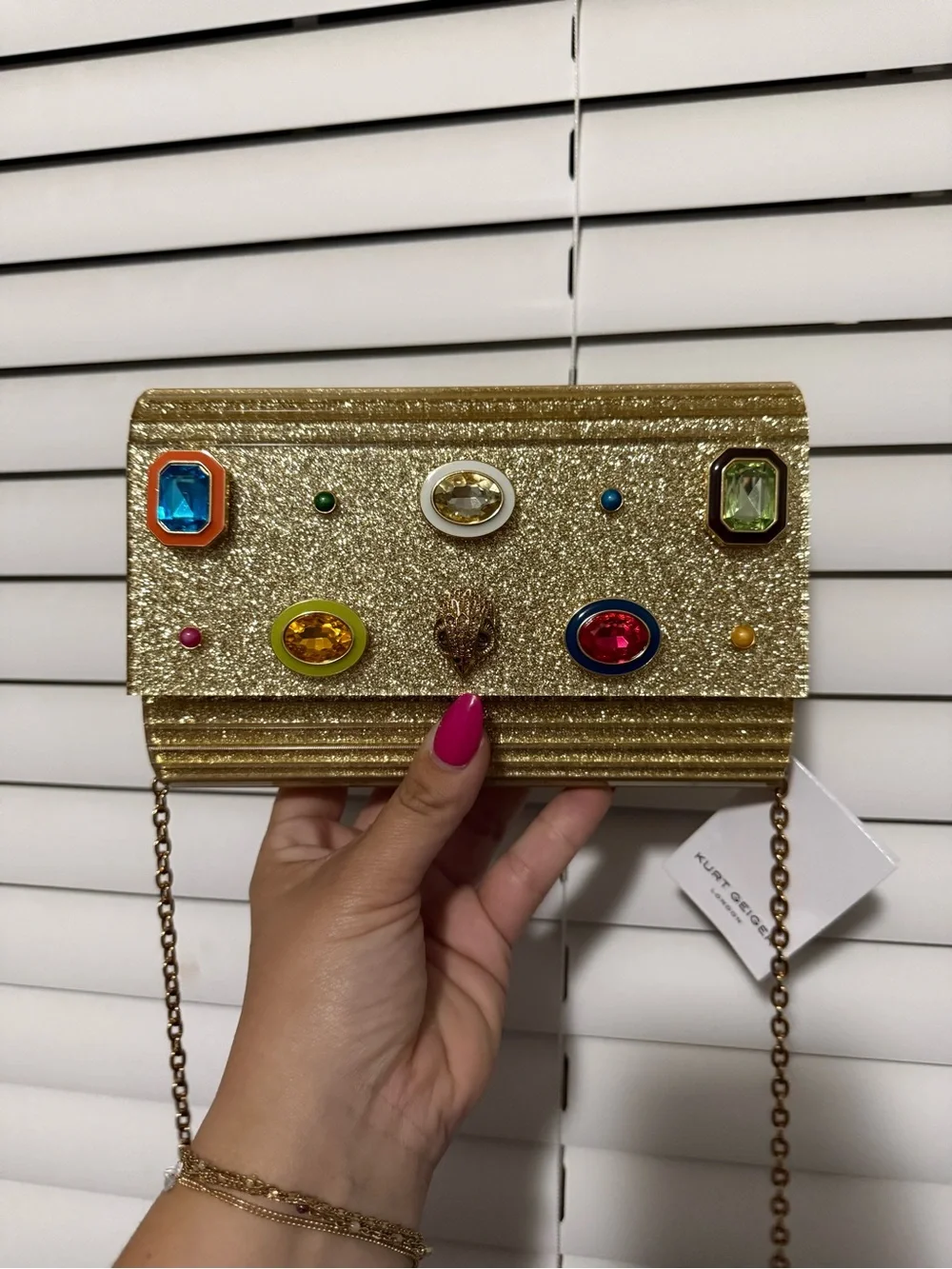 Kurt Geiger Gold Glitter Jeweled Chain Clutch